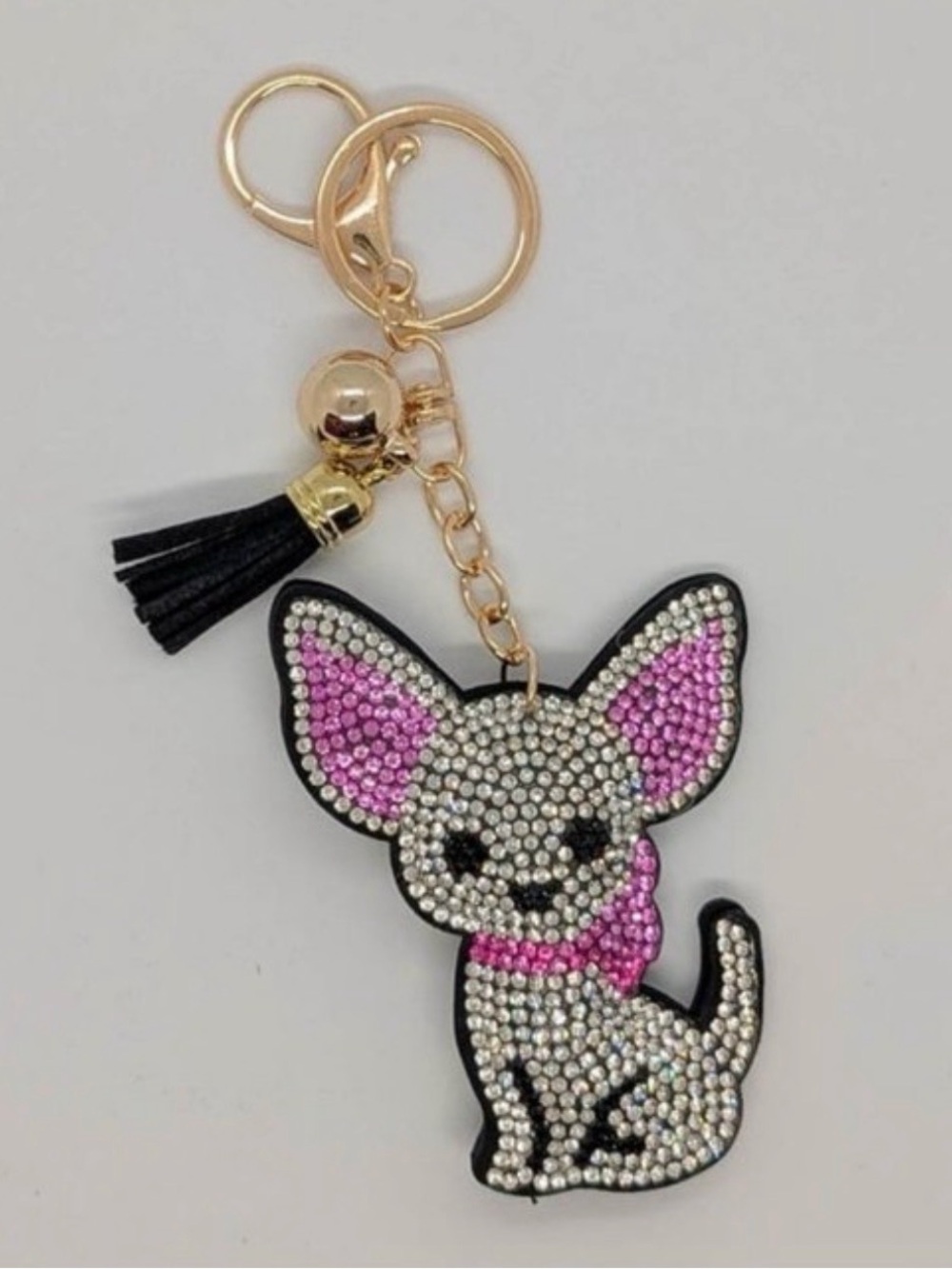 Crystal Chihuahua Keychain - Silver & Pink Rhinestone Dog Charm